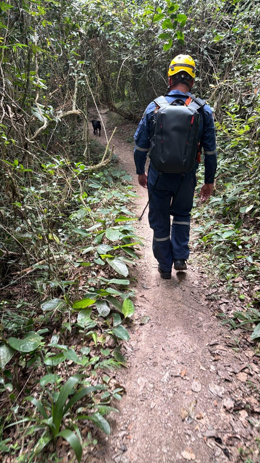 Bombeiros seguem as buscas por terra para localizar o masculino de 42 anos que esta desaparecido após sair para pescar no costão da praia brava no norte da ilha de Santa Catarina