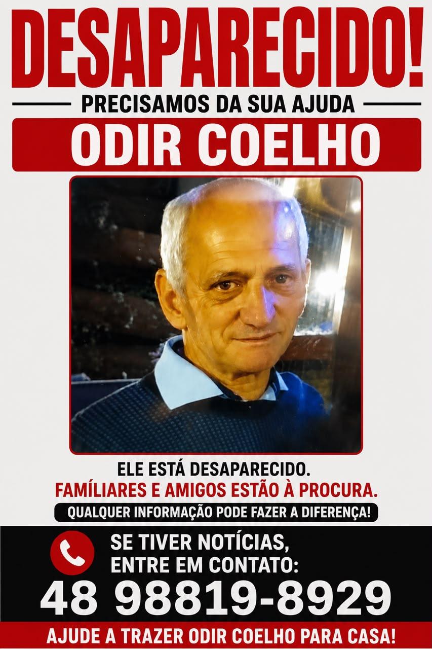 Masculino de 59 anos, esta desaparecido em Santo Amaro da Imperatriz (SC).