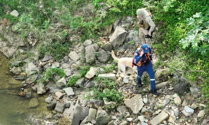 Bombeiros Militares seguem as buscas pelo menino e homem desaparecido no Rio Cubatão. 